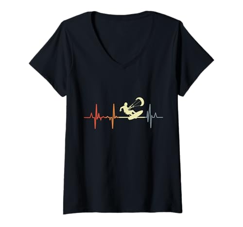 Mujer Retro Kitesurfing Heartline Kitesurfing ECG Camiseta Cuello V