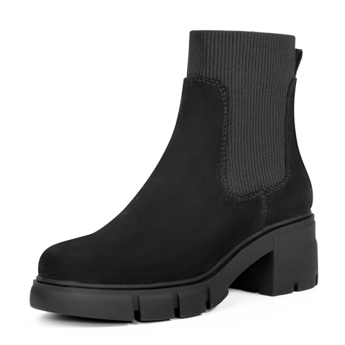 REDTOP Botas Chelsea elásticas para mujer, con tacón grueso y plataforma, suela de lengüeta, ante negro, talla 6, Gamuza negra, 39 EU