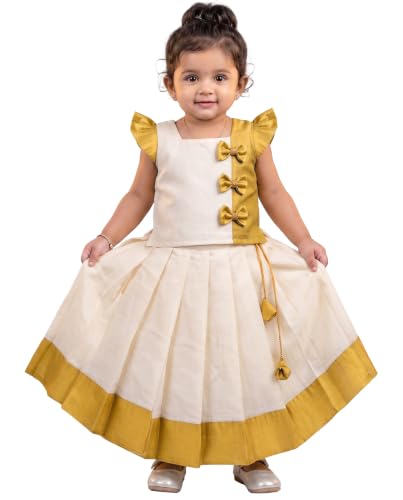 Image of Stanwells Kids Baby Girl Dress Cream Pattu Pavadai 6 Months - 7 Years
