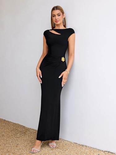 KUTUMAI Women Ruched Bodycon Maxi Dress Elegant Cutout Cap Sleeve Long Formal Cocktail Party Wedding Guest Dresses4