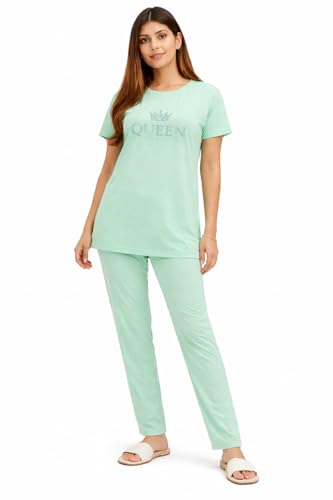 Image of KIAWAH Women's Cotton Night Suit, Long Top and Pajama Set, Round Neck, Short Sleeve,