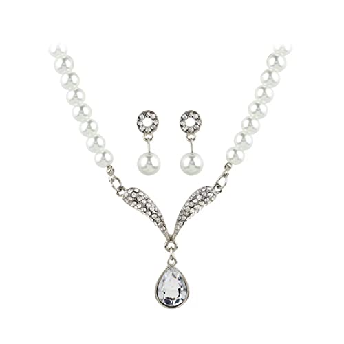 Perlen Schmuckset für Damen Mädchen Perlen Anhänger Halskette Ohrringe Set Perlenkette Weiß Perlen Ketten Perlenohrringe Brautschmuck Set Hochzeit Engagement Party Cover