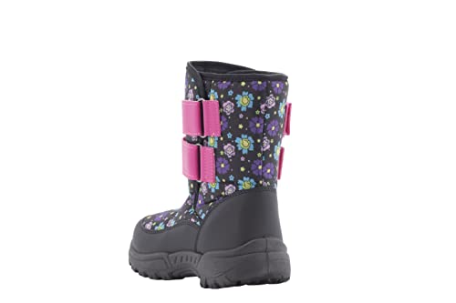 Kids Youth Black Floral Print Snow Boots With Sherpa Lining Insulation For Skiing Hiking Walking In The Snow - Big Kid Size 34