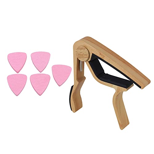 Yibuy 楽器用ポータブル ギターカポクリップ カポ エレキギター用 ウクレレ アコースティックギター 木の色 + 5PCS ウール ピンク フェルト ギター ピック 0.38mm