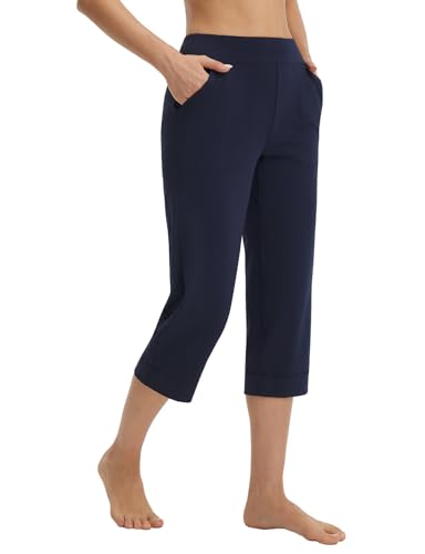 baleaf Womens Capri Pants with Pockets Yoga Capris Leggings High Waisted Cropped Workout 21 Summer Pants Navy Blue L