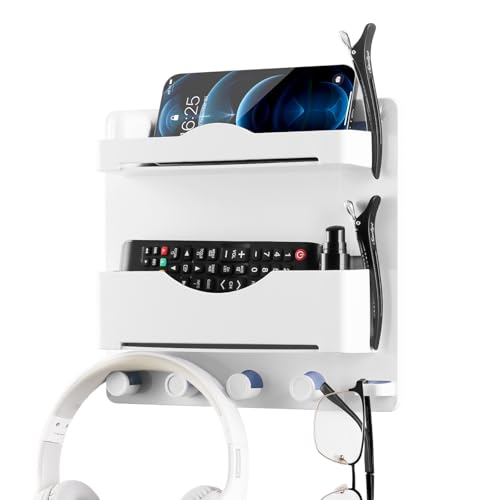 JUMEIHUI Bedside Wall Shelf with Glasses Hooks ?Adhesive Bedside Organizer Wall Mount for Dorm and Room Accessories Phone?Remote?Earphone? Kindle (White)