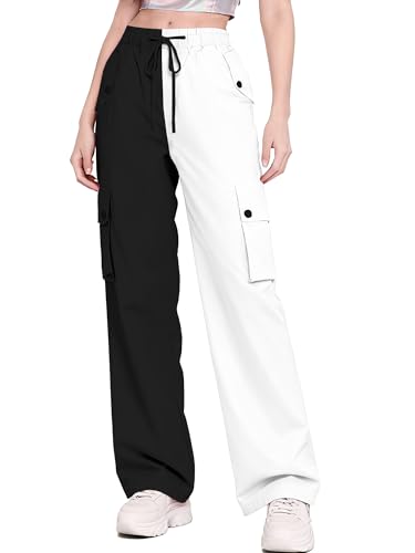 Image of Betusline Girls & Women's High Waist Wide Leg Cargo Pants Y2K Parachute Pants with Pockets and Drawstring 6 Years-Women 2XL