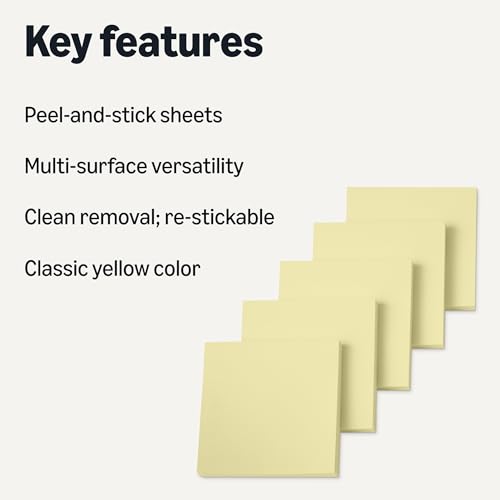 Image of Amazon Basics Square Sticky Notes, Self-Stick Pads, 3 x 3 inches, Yellow, 36-Pack, 100 Sheets per Pad
