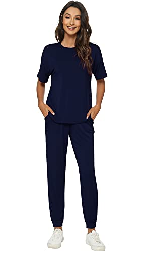 WiWi Women's Short Sleeve Tracksuit Set Viscose from Bamboo Loungewear 2 Piece Outfit Long Pants Jogger Sets S-XXL2