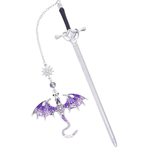 Berirexrion Fantasy Fourth Wing Bookmark - Cool Sward Dragon Book Mark Unique Vintage Tassel Metal Pendant Antique Silver Purple Page Markers Reading Lovers Women Men Teachers Birthday Christmas Gifts
