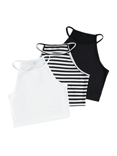 SweatyRocks Girl's 3 Pack Halter Crop Top Striped Sleeveless Summer Casual Cami Tops