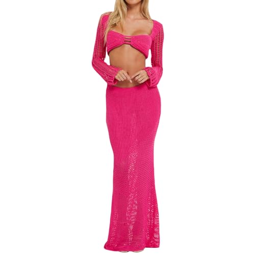 FEORJGP Womens Summer Crochet Knit 2Pcs Skirt Set Hollow Out Backless Tube Top with Long Skirt 2 Piece Skirt Set Streetwear
