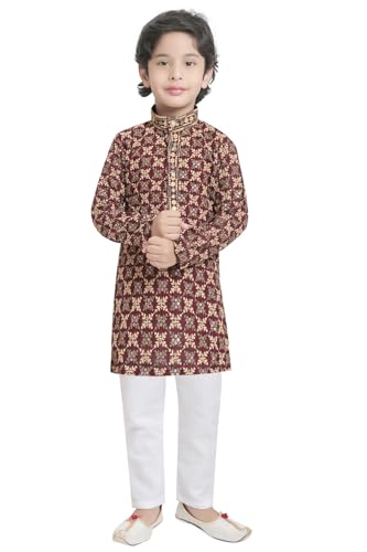 Image of TinySteps Boys' Ethnic Wear - Cotton Lakhnavi Chikan Kurta with Golden Sequence Work and Elastic Waist White Cotton Pajama - Festive & Wedding Outfit