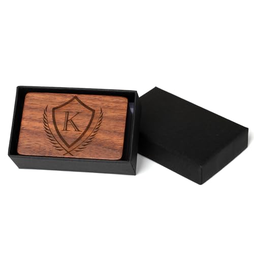 Image of Mens Initial Cufflinks and Tie Clip A-Z Alphabet Letter Black Stainless Cuff Links Tie Bar with Engraved Walnut Wood Box Groom Groomsman Wedding Set