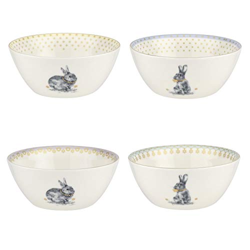 Spode Meadow Lane Cereal Bowls - Set of 4, Bunny Illustration with Gold Accent, Easter & Spring Table Decor - 6 Inch Assorted Pastel Porcelain Bowls, Giftable Collectible Dishware for Snacks & Dessert