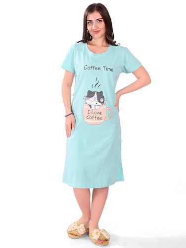 Image of Printed Knee Length Pocket Night Dresses for Women | Cat Lovers | Premium Soft Cotton Nighty | Sky Blue