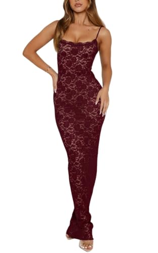 Image of Women's Lace Maxi Dress Spaghetti Strap Slim Fit Sleeveless Gown with Lace Bust for Evening & Party