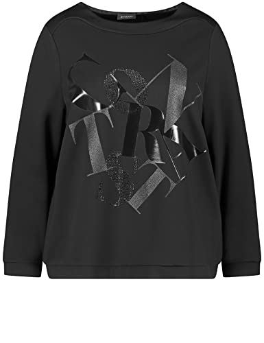 Samoon Damen Sweatshirt mit Wording-Print Langarm, Ärmelbündchen T-Shirt Langarm Rundhals Sweatshirt unifarben, Frontprint Black Gemustert 50 Cover