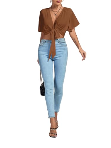 Image of LYANER Women's Sexy Deep V Neck Tie Front Wrap Cropped Blouse Bell Short Sleeve Ruffle Crop Tops