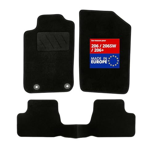 DBS - Tapis de Sol Voiture - sur Mesure - Adapté à Votre Peugeot 206 / 206SW / 206+ (09/1998-12/2014) Antidérapant : Clips de Fixation et Autogrip - 3 pièces : Protection du Pont arrière - Moquette