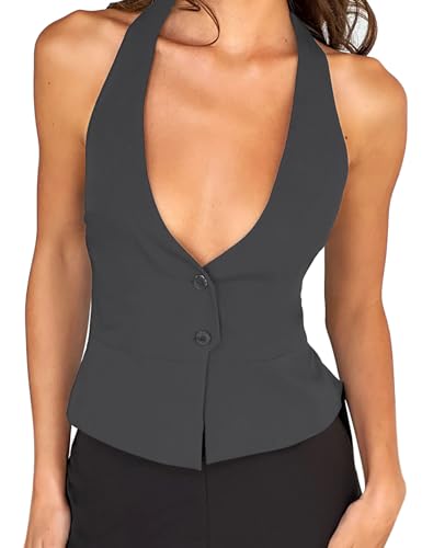 Fanway&EC Women's Casual V Neck Button Front Crop Vest Sleeveless Sexy Halter Backless Waistcoat Jacket