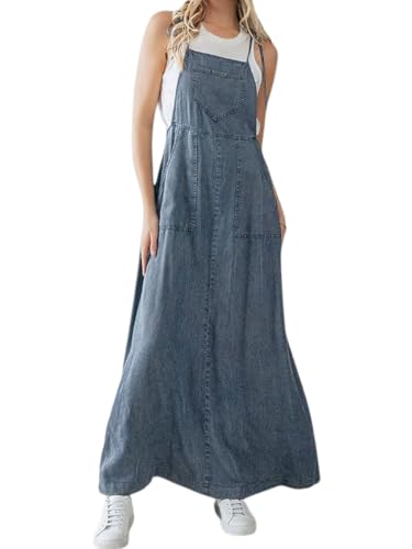 chouyatou Women's 2025 Summer Spaghetti Strap Maxi Long Denim Dress Swing Flowy Jean Jumper Overall Dress