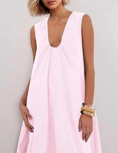 Image of Women Flowy Maxi Dress Ruched Sleeveless Long Dress Vacation Fashion Summer Casual Loose Fit Sundress with Pockets