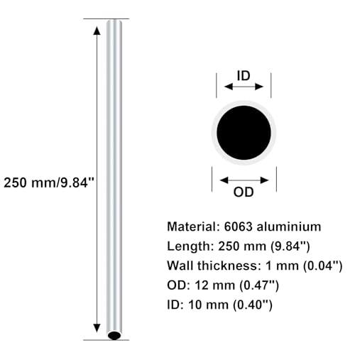 iMeistek 6063 Aluminium-Rundrohr, 250 mm Länge, 12 mm Außendurchmesser, 10 mm Innendurchmesser, nahtlos, gerade, runde Rohre für Industrie, Dekoration, Architektur (3 Stück)