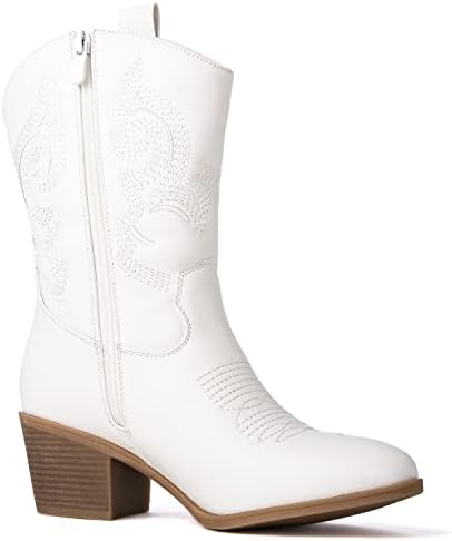 GLOBALWIN Women's Mid Calf The Western Cowgirl Boots Fashion Cowboy Boots For Women Chunky Low Heel, 19yy17 White, 10 — view 2