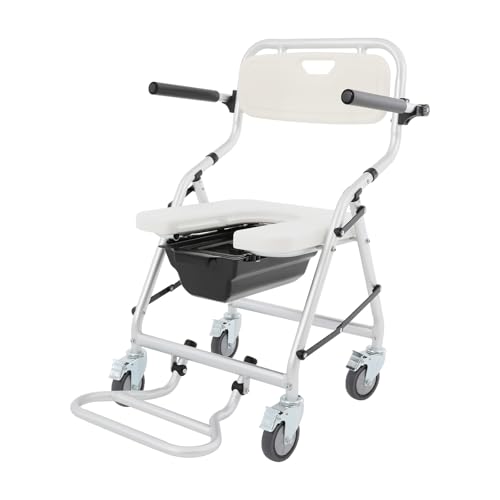 Silla de baño con ruedas, silla de ducha con reposapiés, brazos plegables, orinal, silla plegable 3 en 1, hasta 150 kg, silla de inodoro para personas mayores y discapacitados