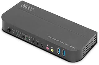 DIGITUS KVM Switch DisplayPort  2-portowy pojedynczy wyświetlacz  2 szt. 1 monitor  1 mysz, klawiatura i dźwięk dla 2 komputerów  UHD 4K@60Hz (4096 x 2160p)  Hot-Key  2x USB 3. 0  Czarny