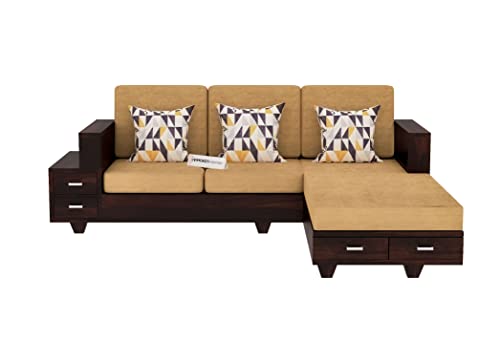 Image of Solid Sheesham Wood L Shape 5 Seater Sofa Set for Living Room, Wooden 5 Seater L Shape Sofa Set with Cushions (L Shape, Walnut)