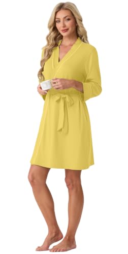 Image of PrinStory Womens Robe Knee Length Soft Knit Bathrobe S-2XL | V-Neck 3 /4 Sleeve Robes with Pockets, Lightweight, Breathable Bath Robe for Shower, Spa, Travel, Home, Party, Nursing