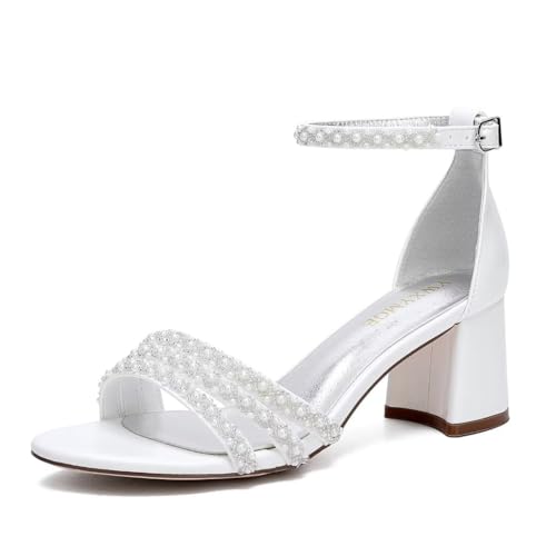 Image of White Women's Block Heel Sandal, Open Toe, Ankle Strap, Pearl Wedding Shoes for Bride, Bridesmaids, Mother of the Bride, Prom, Evening, Cocktail, Ball Gown