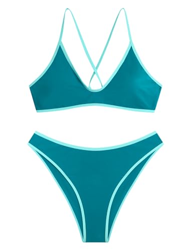 Image of ZAFUL Women's Tie Back Padded High Cut Bralette Bikini Set Two Piece Swimsuit