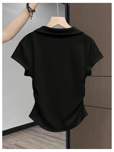 SHENHE Women's Short Sleeve Shirt Collared V Neck Slim Fitted Tight Casual Tee Tops2