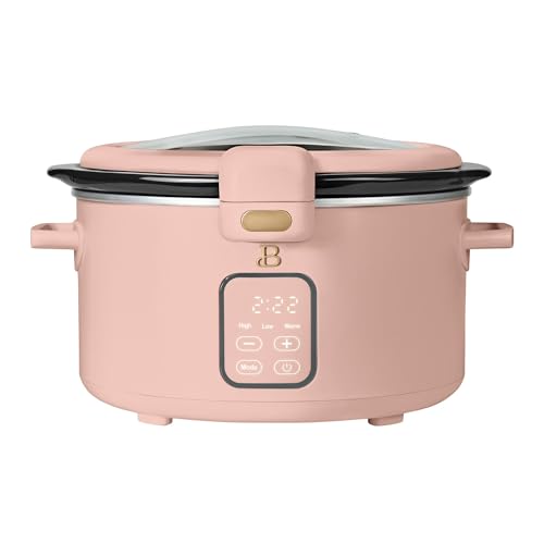 Beautiful 4 Qt Digital Slow Cooker Electric Cooker Pot with Automatic Warm & Hinged Locking Lid, Non-Skid Feet, Cook and Carry Kitchen Appliances by Drew Barrymore (Rose)