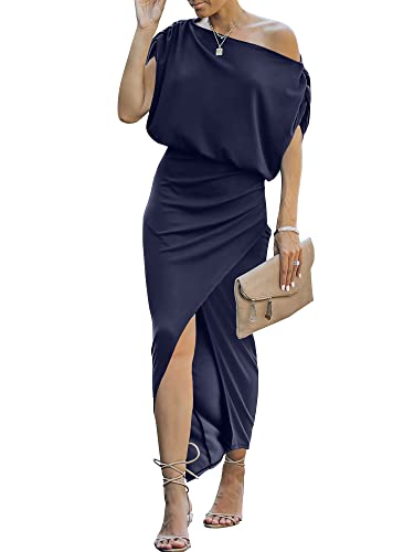 Anrabess Women's Off The Shoulder Summer Short Sleeve Wrap Slit Bodycon Maxi Elegant Dress A880-Zanglan-Xl Deep Blue #TOP26