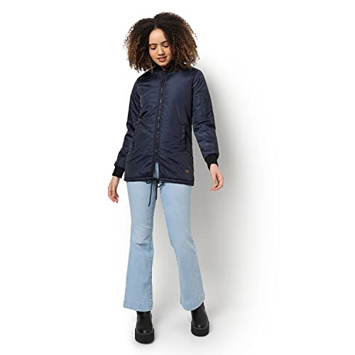 Image of PINACOLADA Women Blue Puffer Regular Fit Bomber Jacket For Winter Wear | Low-Cut Standing Collar | Full Sleeve | Zipper | Casual Jacket For Woman & Girl | Western Stylish Jacket For Women