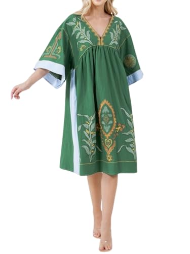 Image of Joiemont Womens Oversized Floral Embroidered Long Dress with V-Neck and 3 /4 Sleeves Vintage Embroidery Babydoll Dress