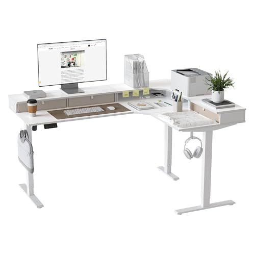 Image of FEZIBO L-Shaped Electric Standing Desk, 63 x 48 Inches Height Adjustable, Reversible Tabletop, Corner Desk with Drawers, Ergonomic Computer Table, White Top
