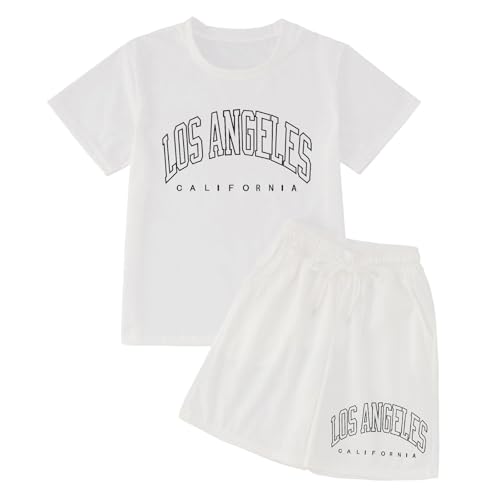Girl's 2 Piece Outfits California Letter Print Graphic T Shirts and Elastic Waist Shorts Casual Summer Clothing Sets 3-14T2