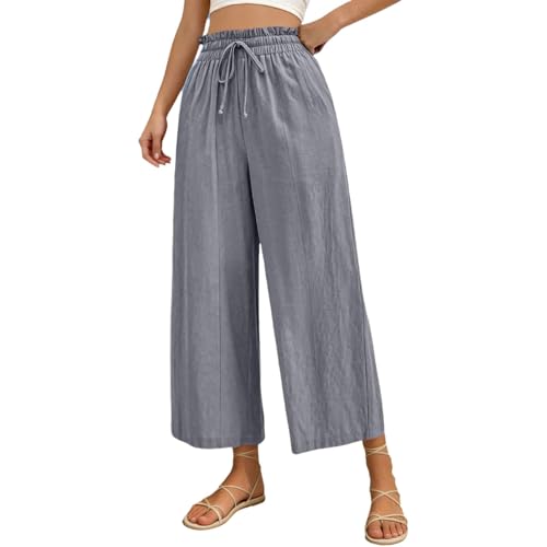Pantalon 7/8 en lin femme à cordon de serrage taille haute léger coupe chic été
