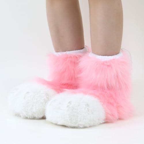 Image of Animal Fuzzy Slippers Bear Cat Wolf Dog Fox Fursuit Feet Paw Claw Shoes Furry Boots Costume Accessories for Adult Kids