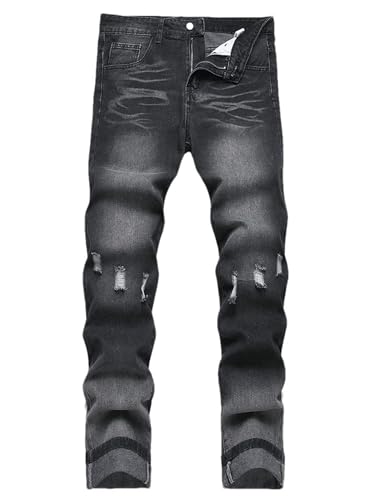 Men's Slim Straight Jeans, Mid Waist Loose Denim Pants, Ripped Trendy Trousers