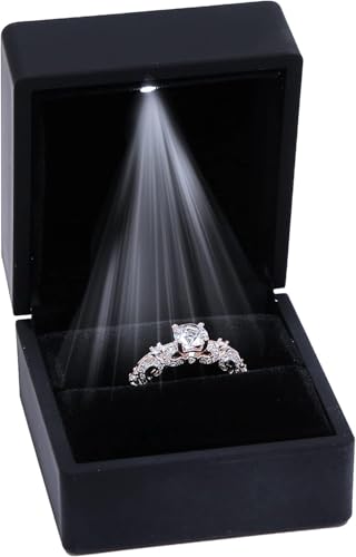 DELALO Ringbox - mit LED - Schwarz - Schmucketui - beleuchtet - für besondere Momente - Schmuck Heiratsantrag Verlobung Hochzeit - Ehering (Schwarz)