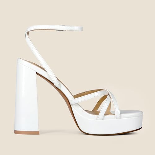 Image of Platform Heels for Women Strappy Chunky Heels Thick High Heel | Lace Up High Heel Sandals Square Open-Toe Tall Wide Block Sandal Wedding Party Evening Prom Dance Dress Shoes