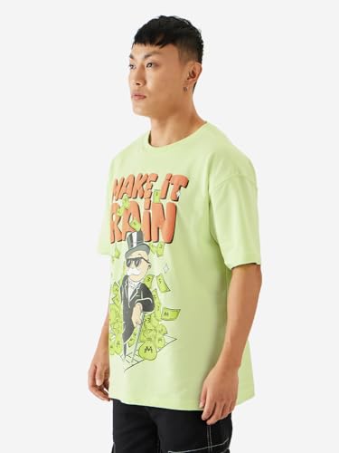 Image of The Souled Store Official Monopoly: Make It Rain Men and Boys Short Sleeve Round Neck Green Graphic Printed Cotton Oversized T-Shirts
