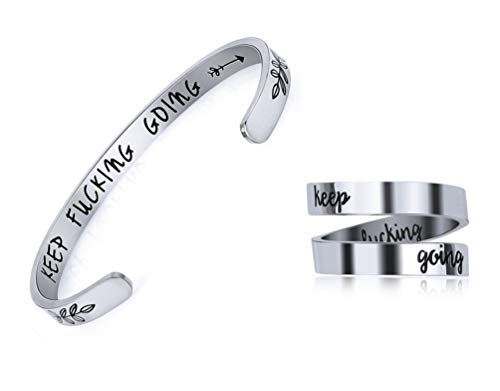 ALEXTINA Stainless Steel Keep Going Inspirational Bracelet Bangle Adjustable Wrap Ring Silver Motivational Graduation Gift
