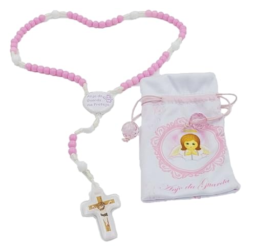 Kit Terço e Saquinho Oração Anjo da Guarda Mimos Batismo Tercinho Lembrancinhas (Rosa)